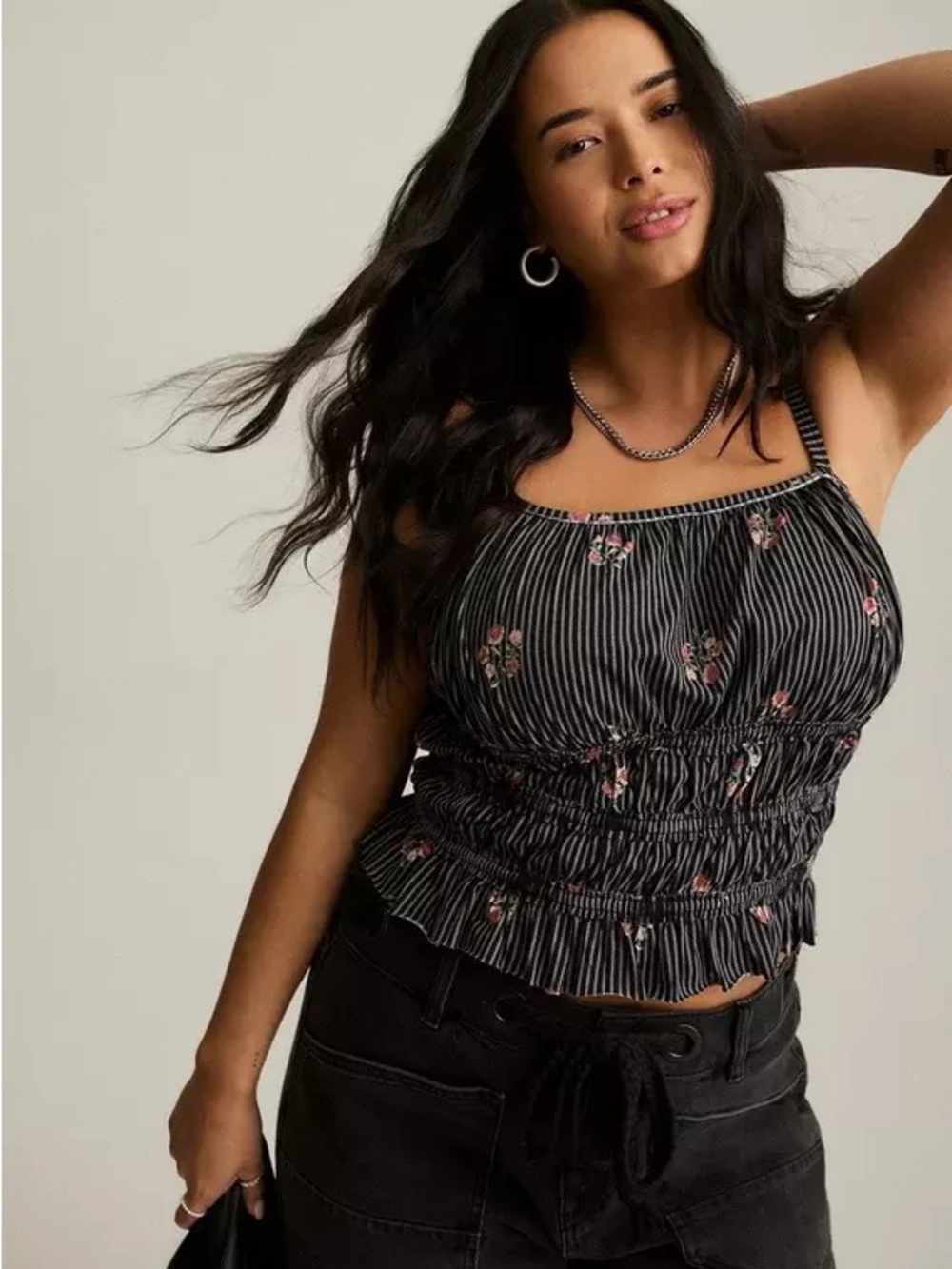 torrid Black Pinstripe Floral Smocked Cami